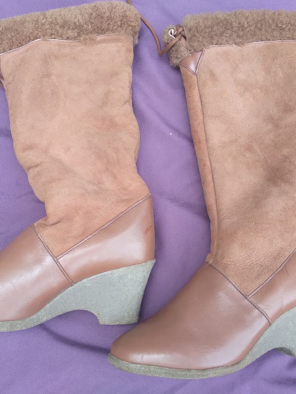 Women's Brown Suede & Leather Wedge Boots with Shearling Trim